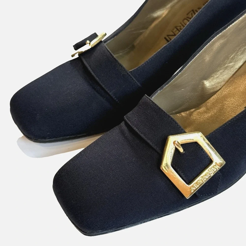 Vtg Yves Saint Laurent Buckle Pump Block Heel Women US 7 N EU 37 Navy Blue Gold - Picture 5 of 12